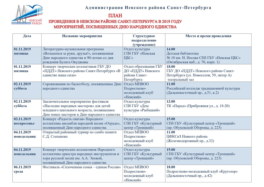 День народного единства в доу план мероприятий